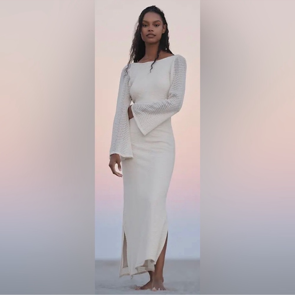 NWOT Palmacea Rue Long-Sleeve Open-Back
Maxi Dress with pearls draped in back